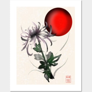 Sumi-e chrysanthemum with a red rising sun Posters and Art